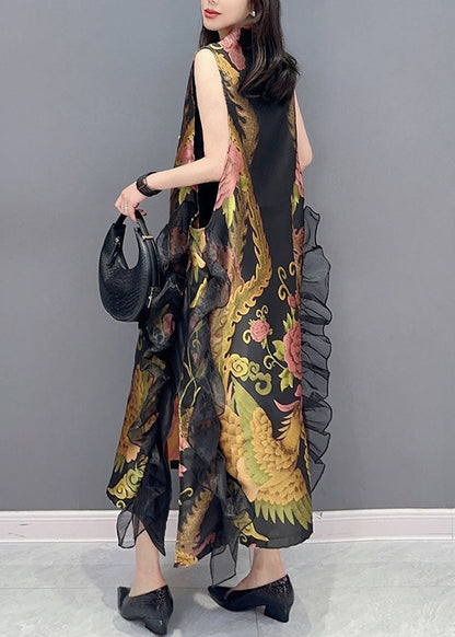Black V Neck Print Ruffled Patchwork Silk Dress Sleeveless