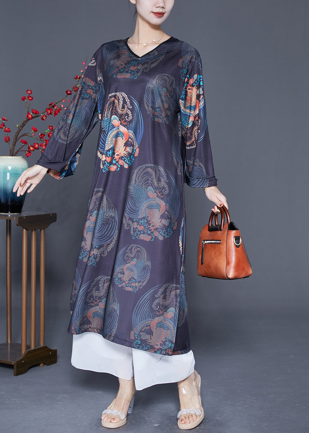 Black V Neck Print Side Open Silk Long Dress Long Sleeve