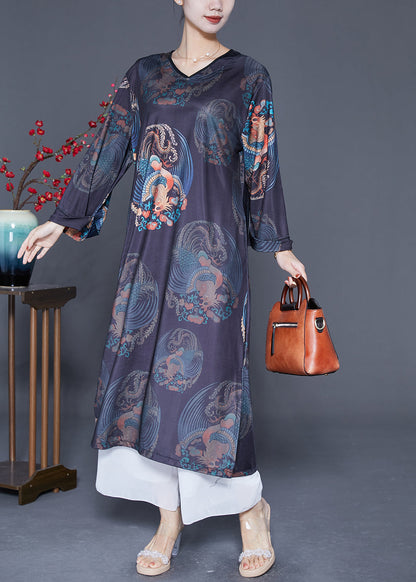 Black V Neck Print Side Open Silk Long Dress Long Sleeve