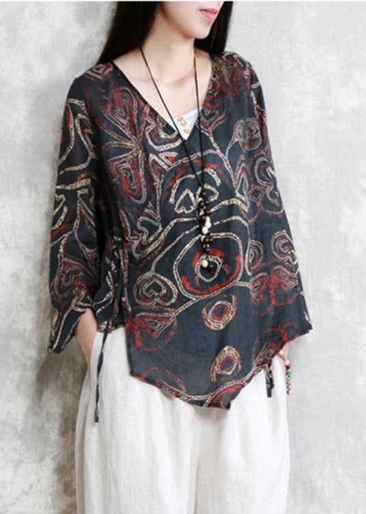 Black V Neck Print Tie Waist Linen Shirt Long Sleeve