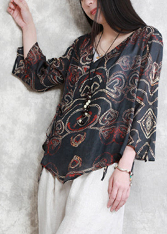 Black V Neck Print Tie Waist Linen Shirt Long Sleeve