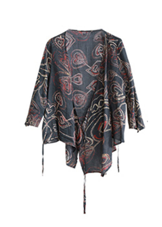 Black V Neck Print Tie Waist Linen Shirt Long Sleeve