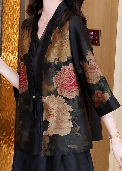 Black V Neck Tasseled Print Patchwork Silk Jackets Spring