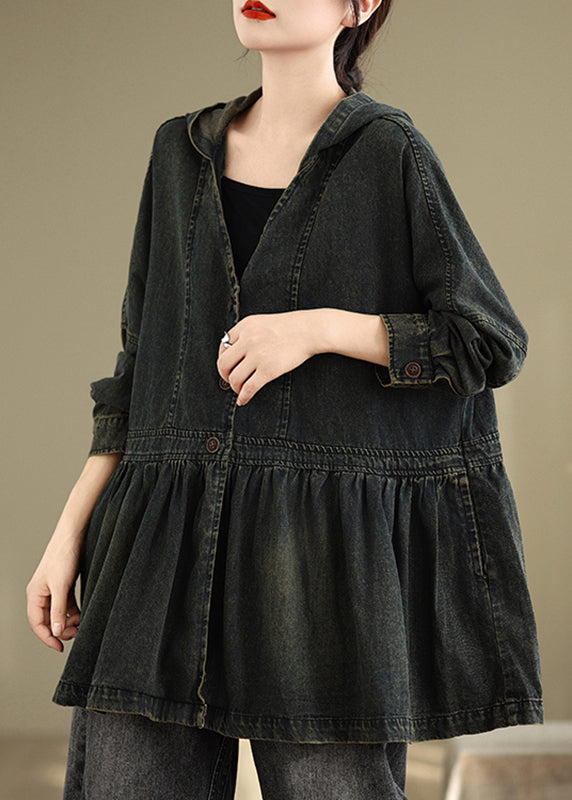 Black V Neck Wrinkled Pockets Hooded Denim Coats Fall