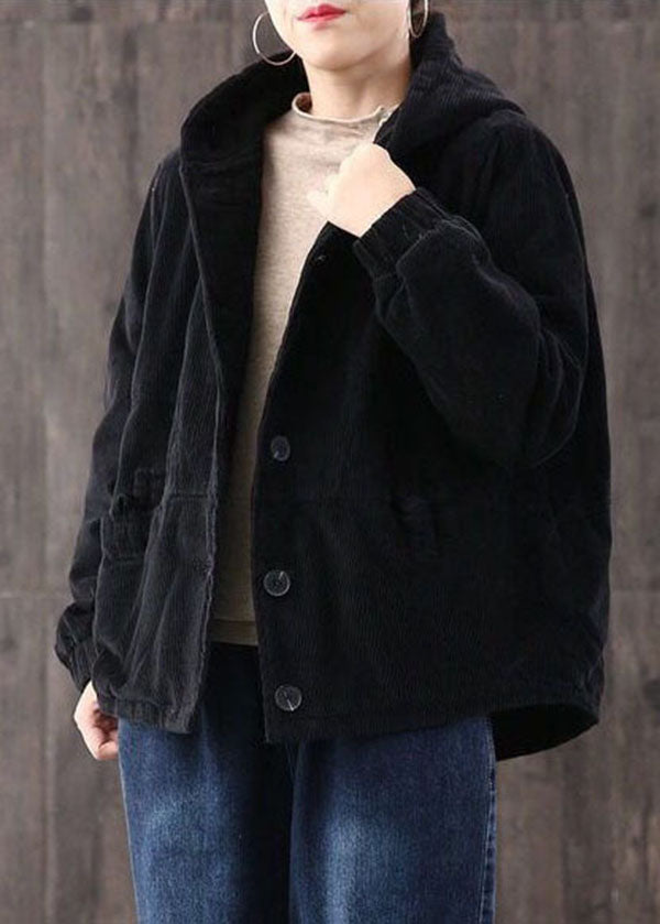 Black Warm Fine Cotton Filled Corduroy Hooded Coat Winter