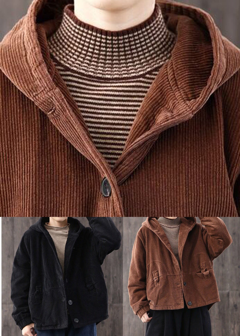 Black Warm Fine Cotton Filled Corduroy Hooded Coat Winter