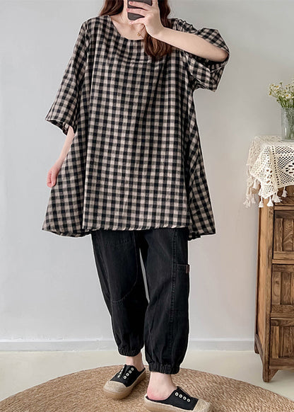 Black White Plaid Oversized Linen Long Tops Half Sleeve
