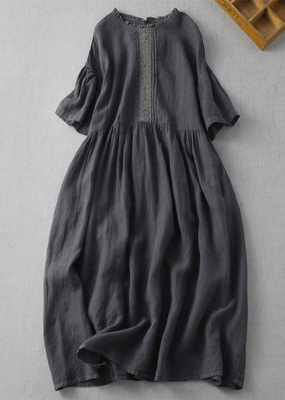 Black Wrinkled Embroideried Patchwork Linen Dress Summer