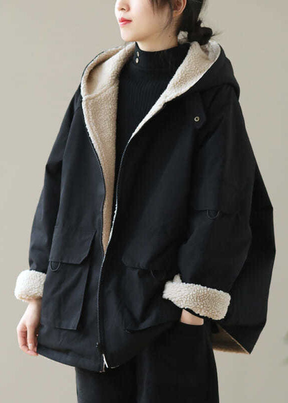 Black Zippered Fleece Wool Lined Hoodies Parka Winter