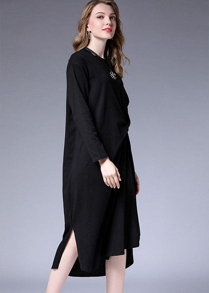 Black Wrinkled Asymmetrical Design Side Open Long Dresses Fall