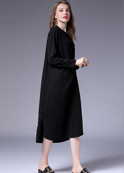 Black Wrinkled Asymmetrical Design Side Open Long Dresses Fall