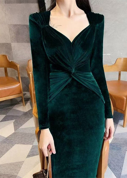 Blackish Green Cinched Patchwork Silk Velvet Long Dresses Fall