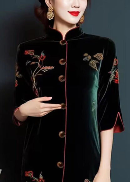Blackish Green Embroidered Button Silk Velour Dress Long Sleeve