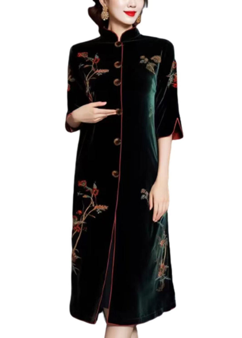 Blackish Green Embroidered Button Silk Velour Dress Long Sleeve