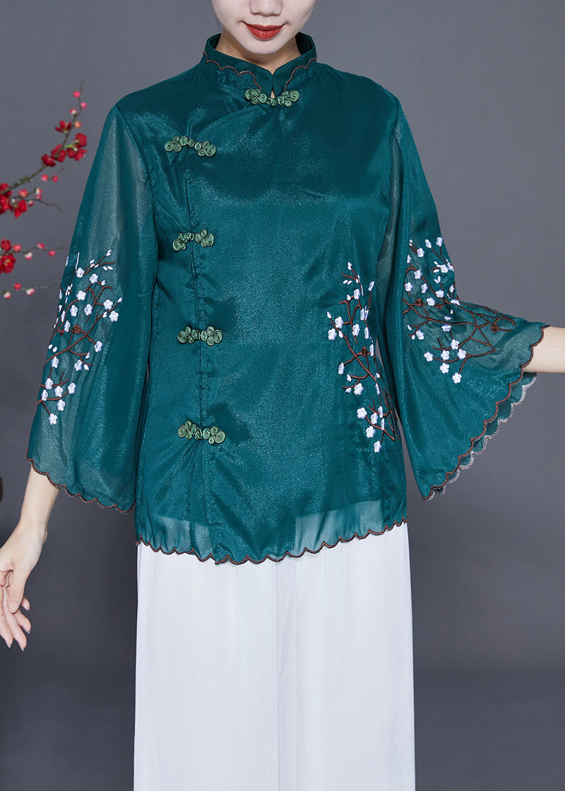 Blackish Green Mandarin Collar Embroideried Silk Blouses Flare Sleeve