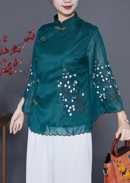 Blackish Green Mandarin Collar Embroideried Silk Blouses Flare Sleeve