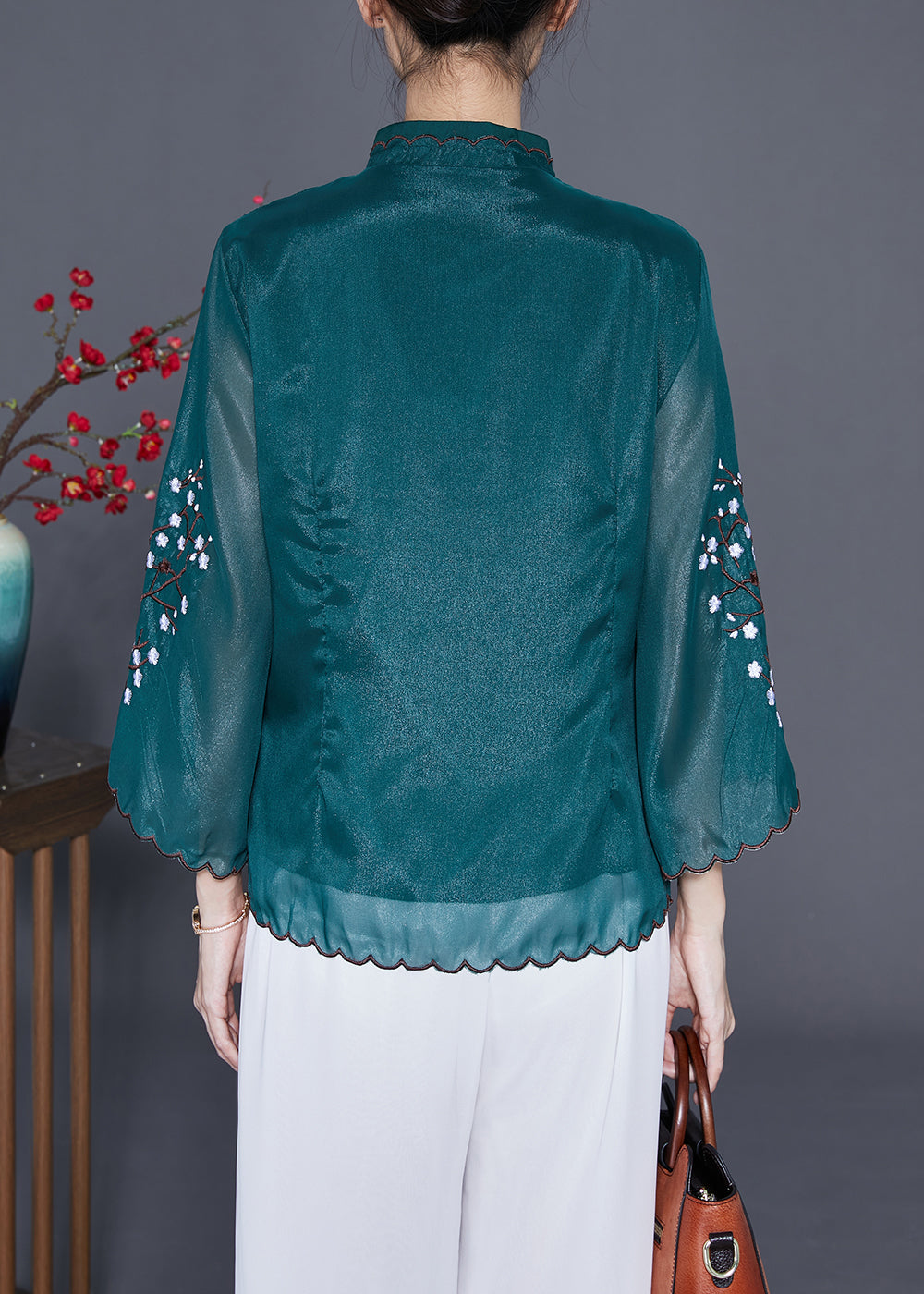 Blackish Green Mandarin Collar Embroideried Silk Blouses Flare Sleeve