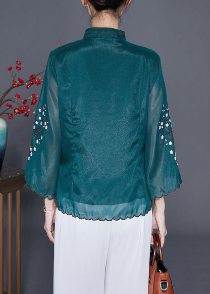 Blackish Green Mandarin Collar Embroideried Silk Blouses Flare Sleeve
