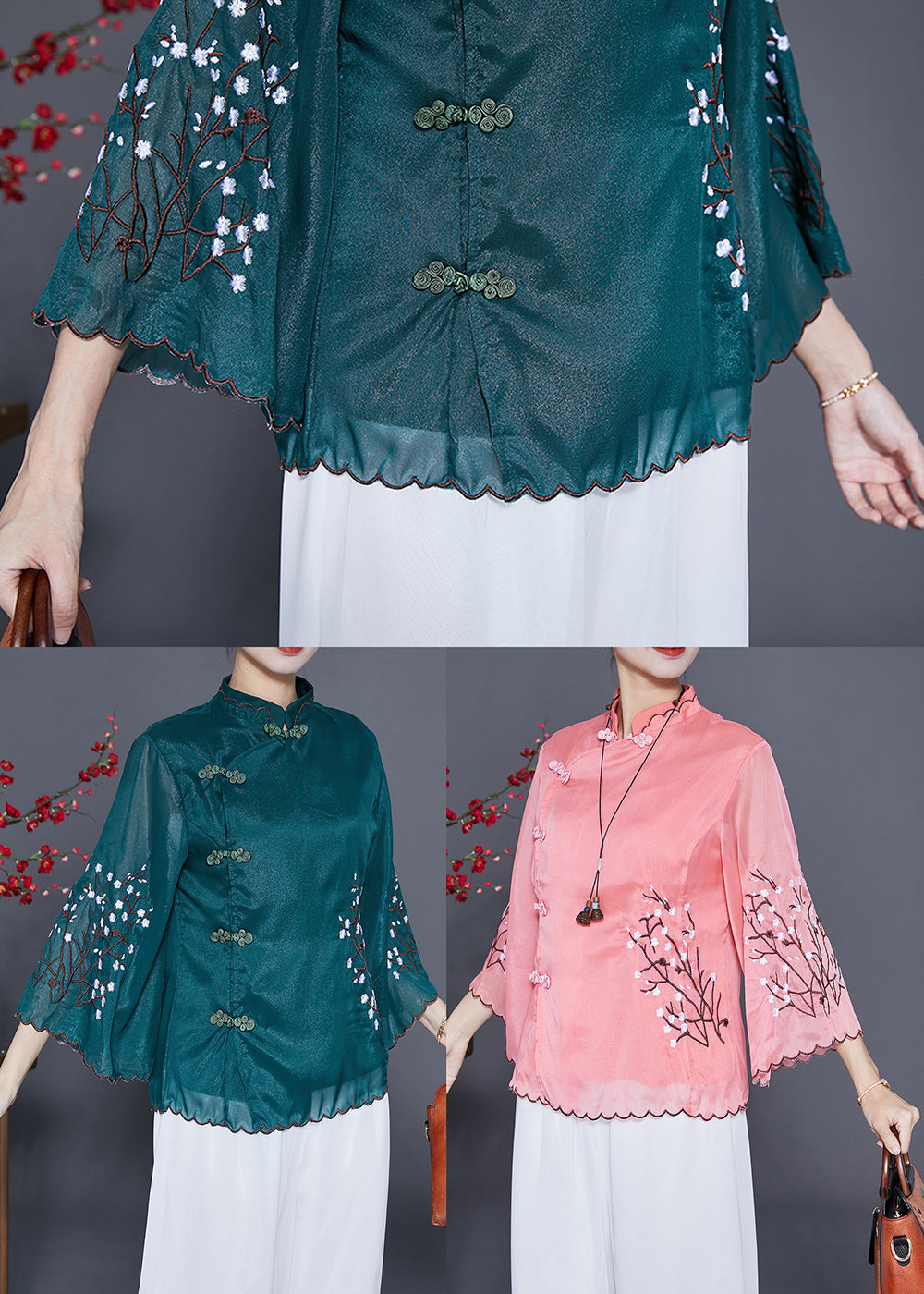 Blackish Green Mandarin Collar Embroideried Silk Blouses Flare Sleeve