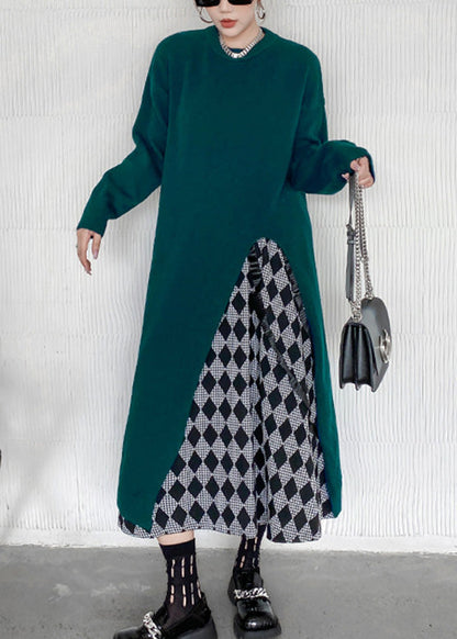 Blackish Green O-neck Cozy Knit Sweater Dress Winter