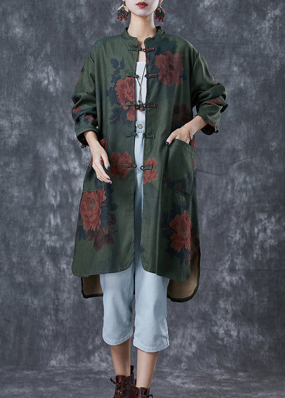 Blackish Green Print Chinese Button Linen Long Shirts Fall