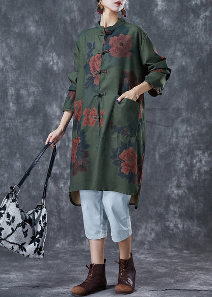 Blackish Green Print Chinese Button Linen Long Shirts Fall