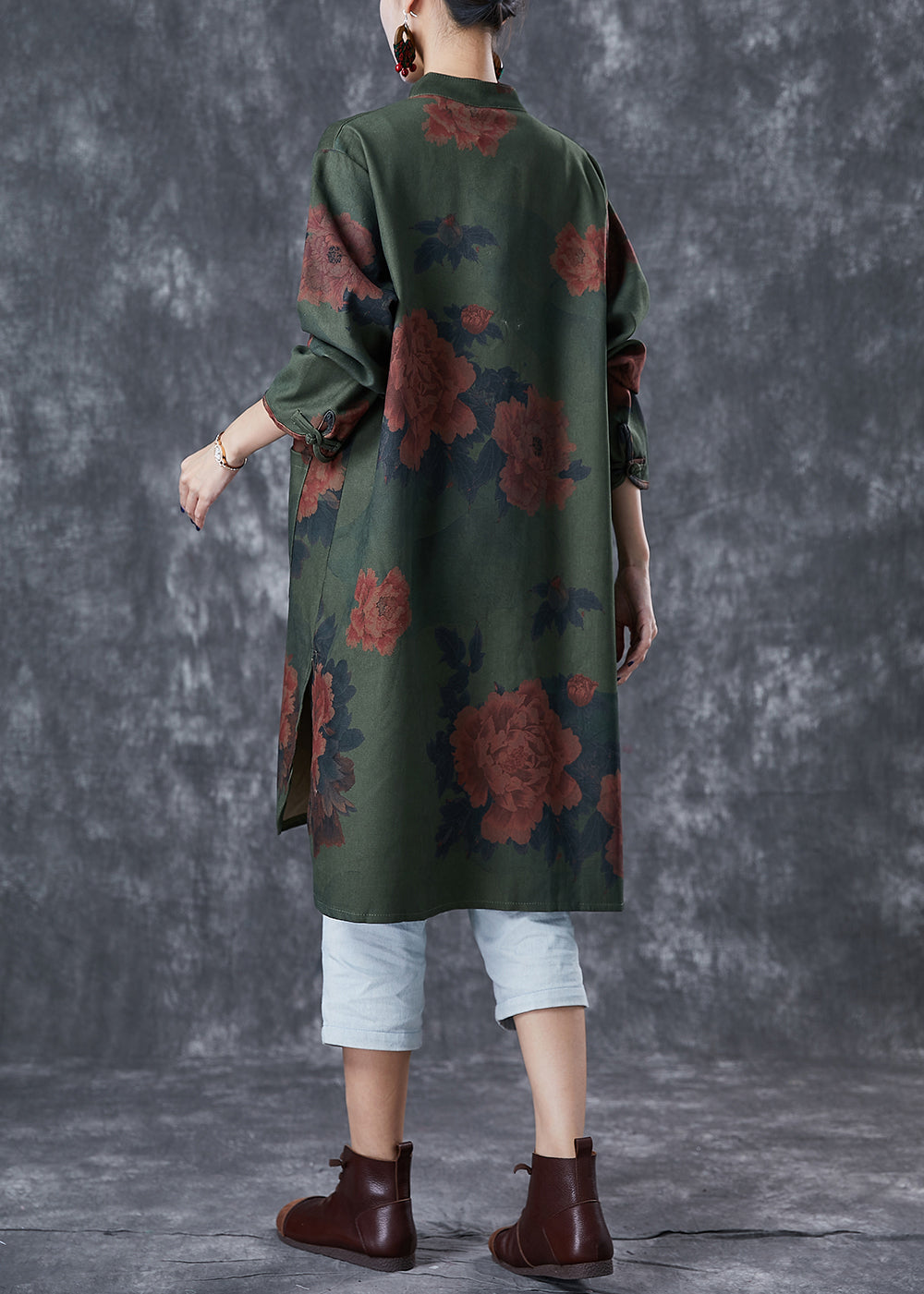 Blackish Green Print Chinese Button Linen Long Shirts Fall