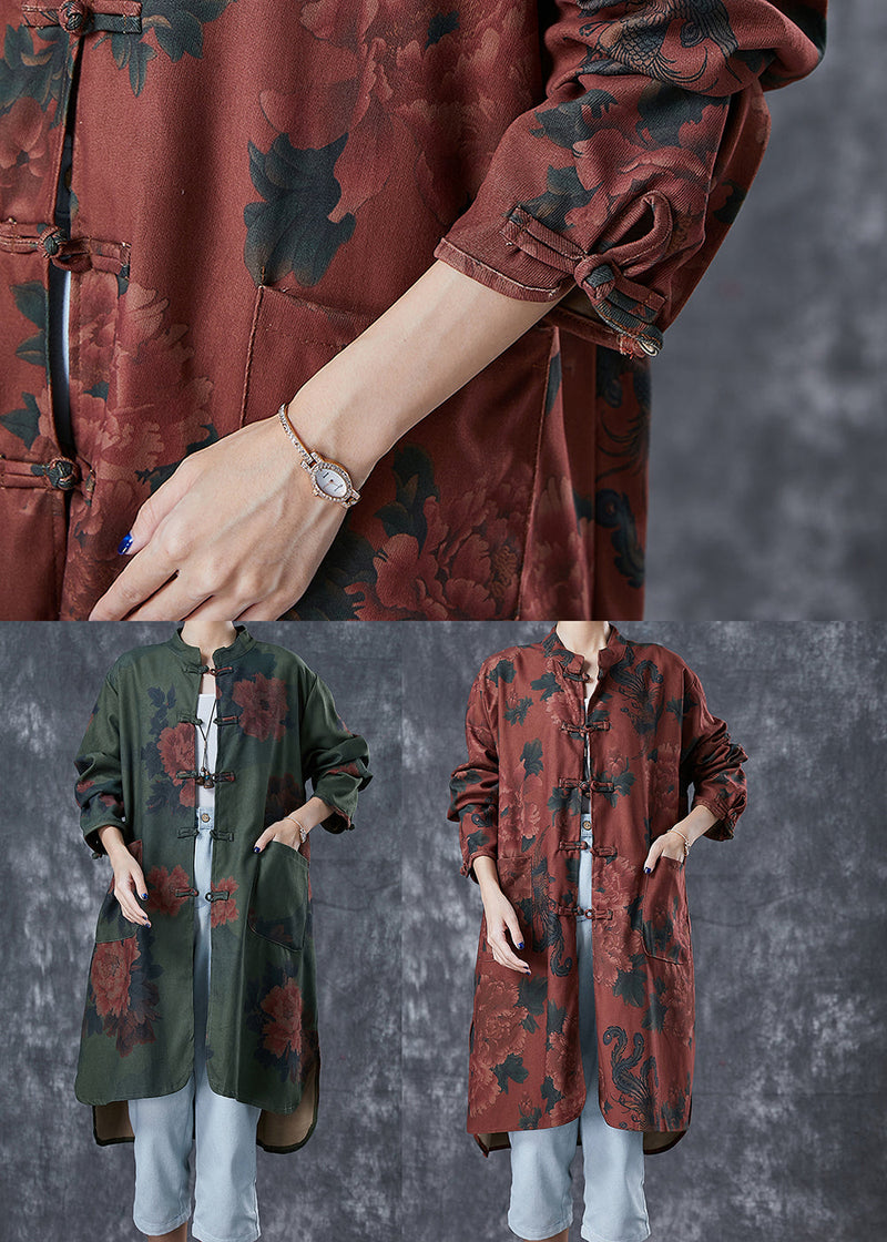 Blackish Green Print Chinese Button Linen Long Shirts Fall