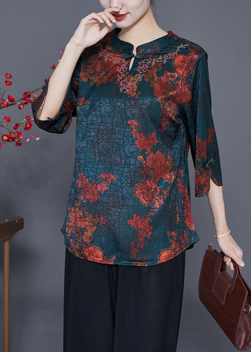 Blackish Green Print Craquelure Silk Shirt Tops Bracelet Sleeve