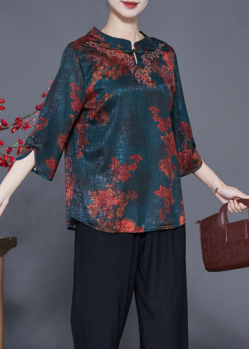 Blackish Green Print Craquelure Silk Shirt Tops Bracelet Sleeve