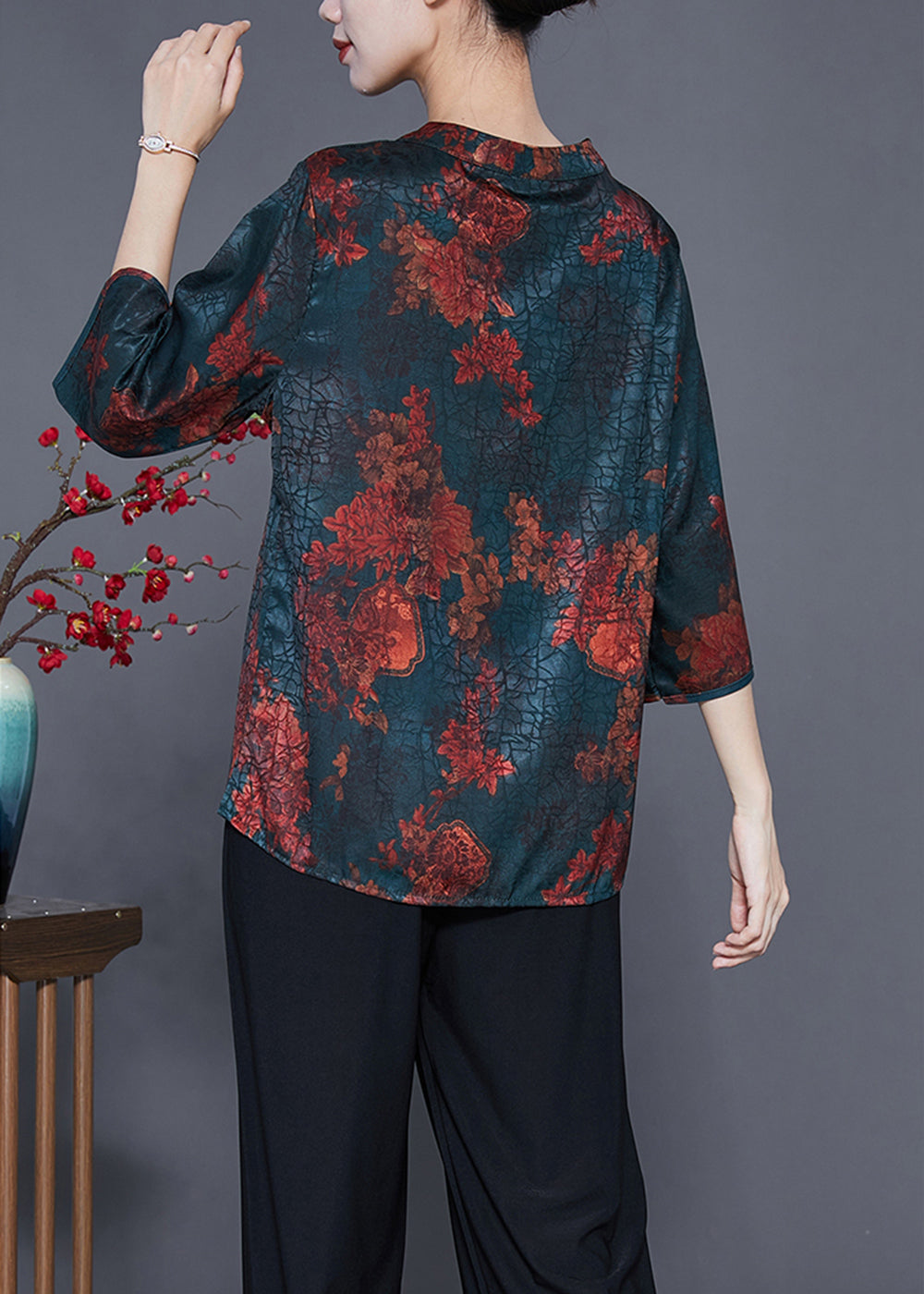 Blackish Green Print Craquelure Silk Shirt Tops Bracelet Sleeve
