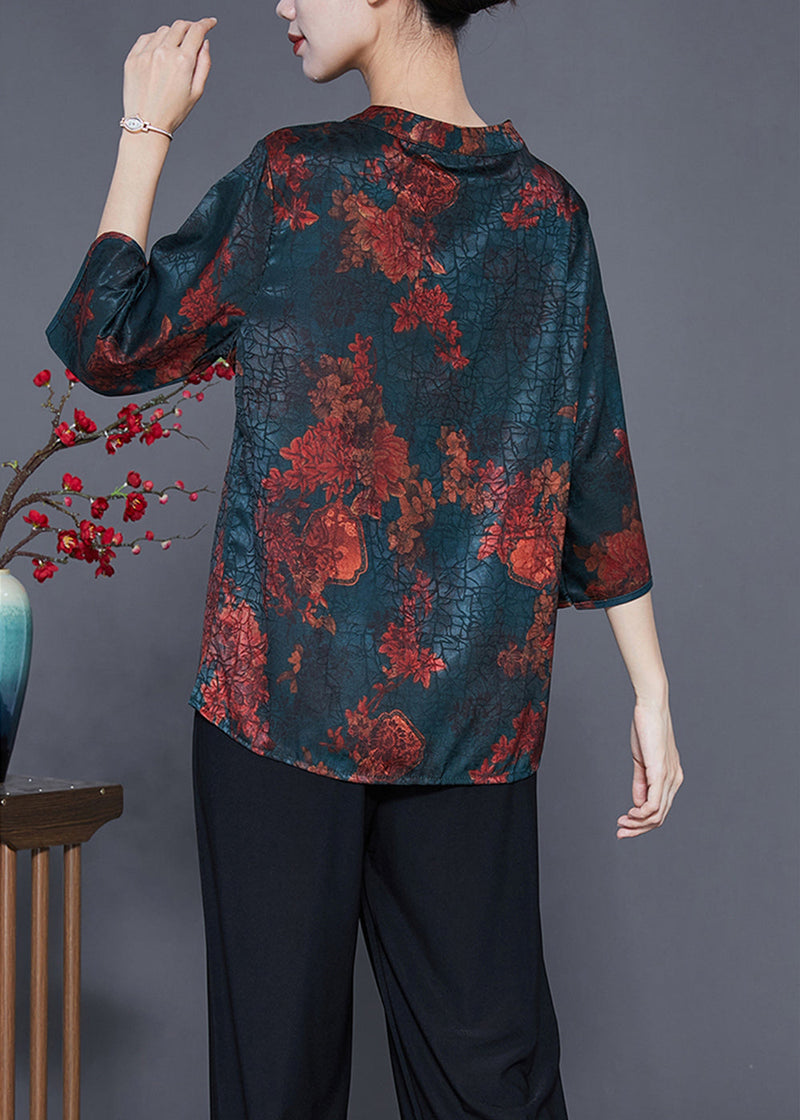 Blackish Green Print Craquelure Silk Shirt Tops Bracelet Sleeve