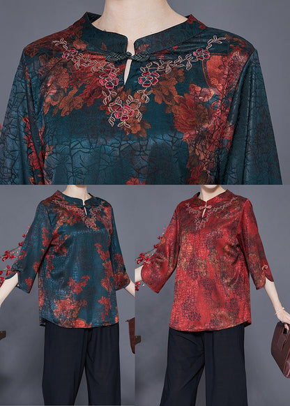 Blackish Green Print Craquelure Silk Shirt Tops Bracelet Sleeve