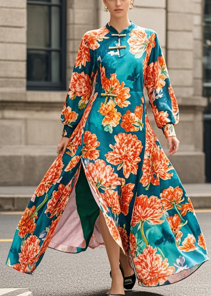 Blackish Green Print Side Open Cheongsam Dress Spring