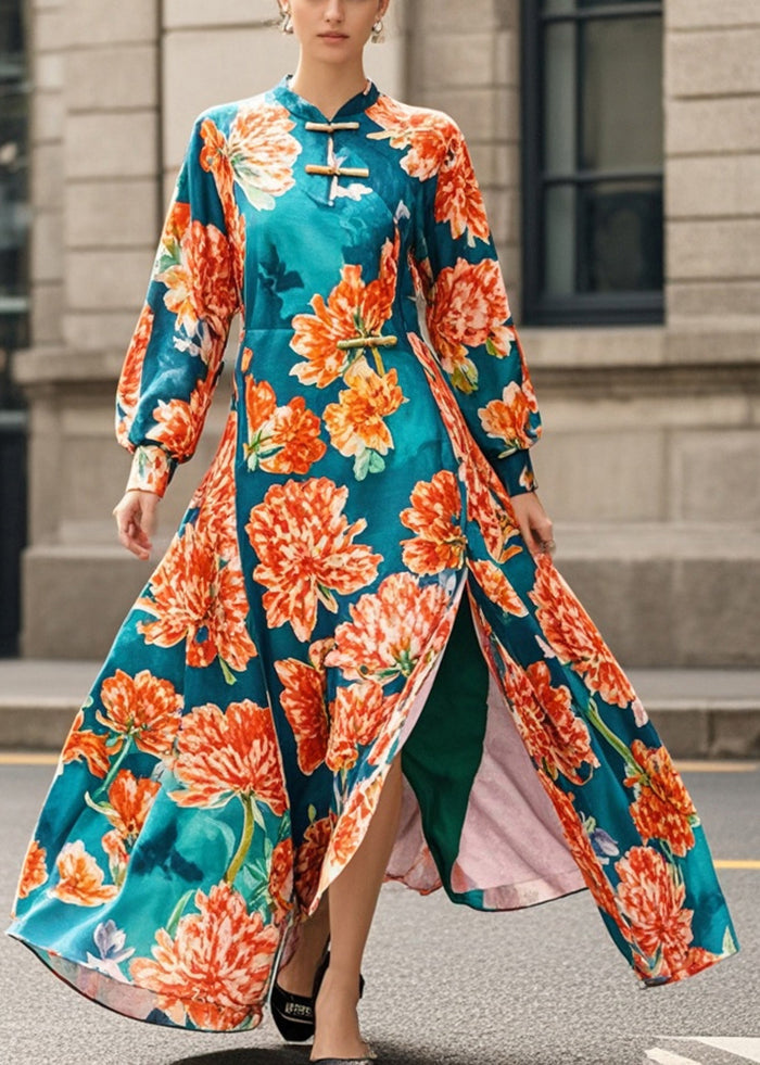 Blackish Green Print Side Open Cheongsam Dress Spring