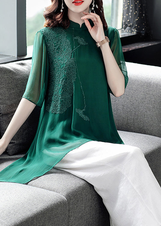 Blackish Green Stand Collar Silk Top and Crop Pantstwo Pieces Set Fall