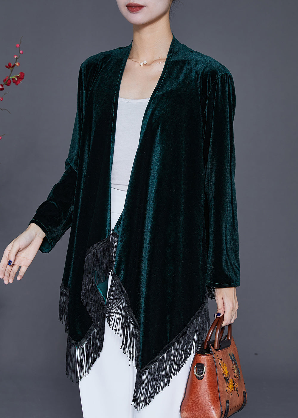 Blackish Green Tasseled Patchwork Silk Velour Cardigan Fall