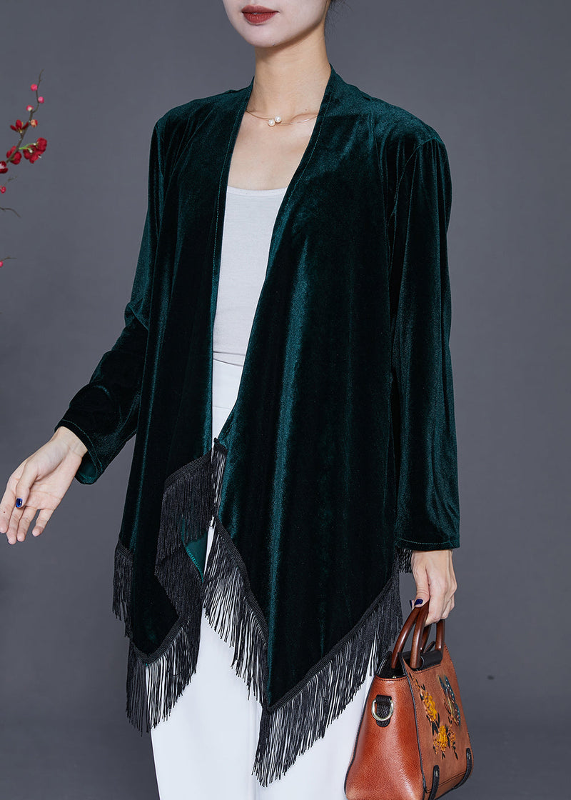 Blackish Green Tasseled Patchwork Silk Velour Cardigan Fall