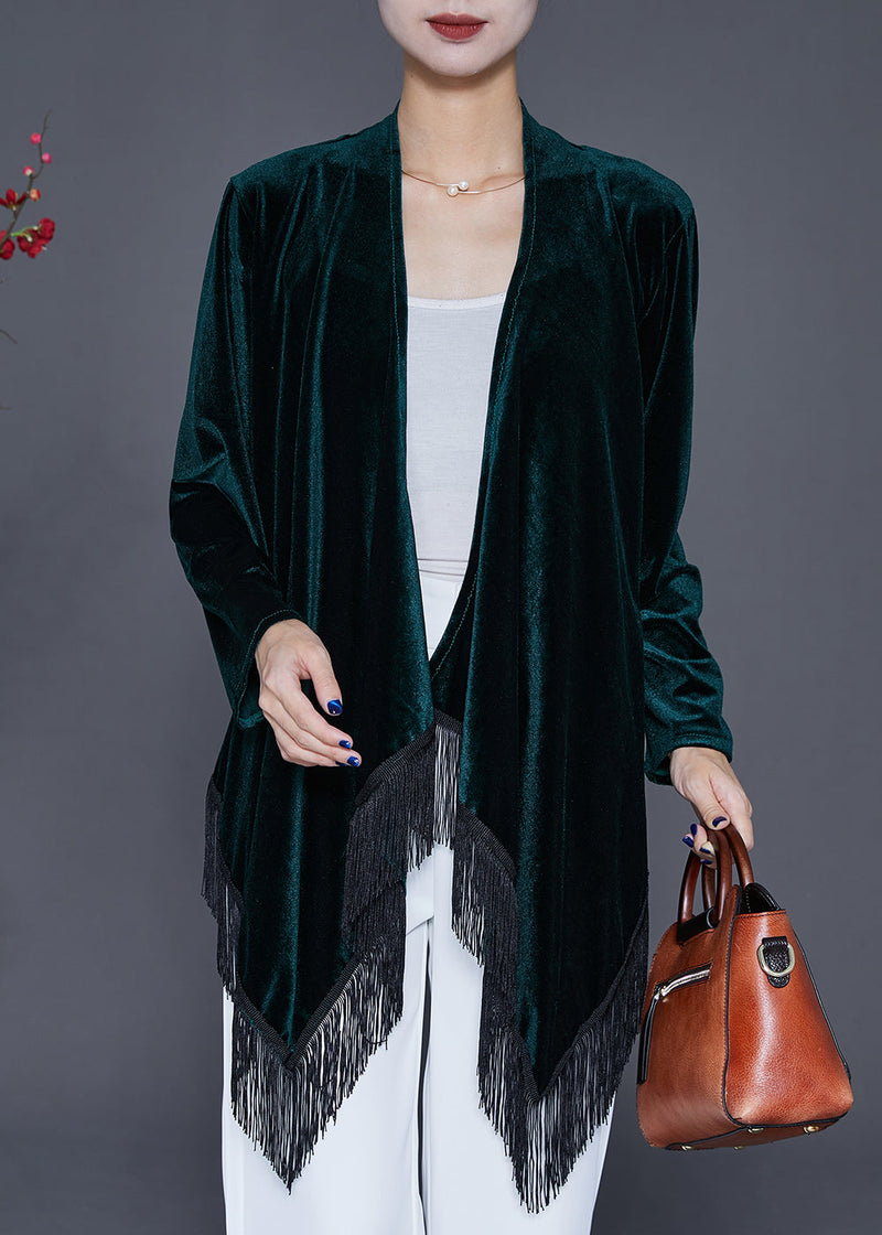 Blackish Green Tasseled Patchwork Silk Velour Cardigan Fall