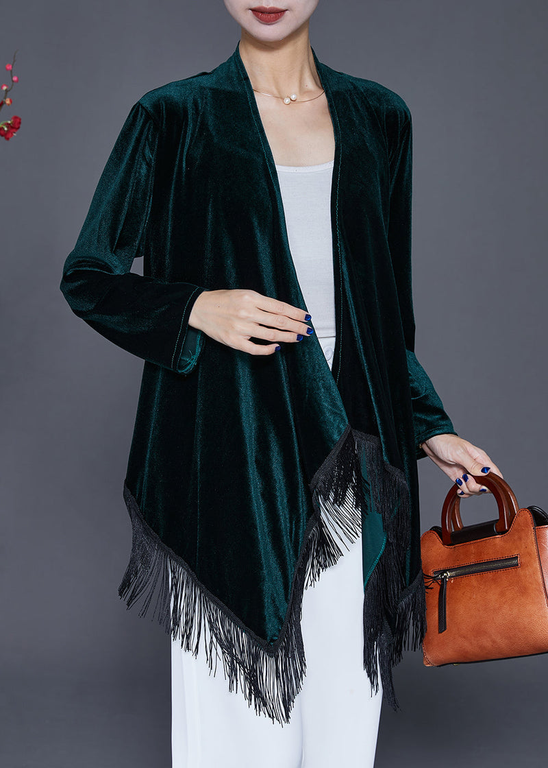Blackish Green Tasseled Patchwork Silk Velour Cardigan Fall