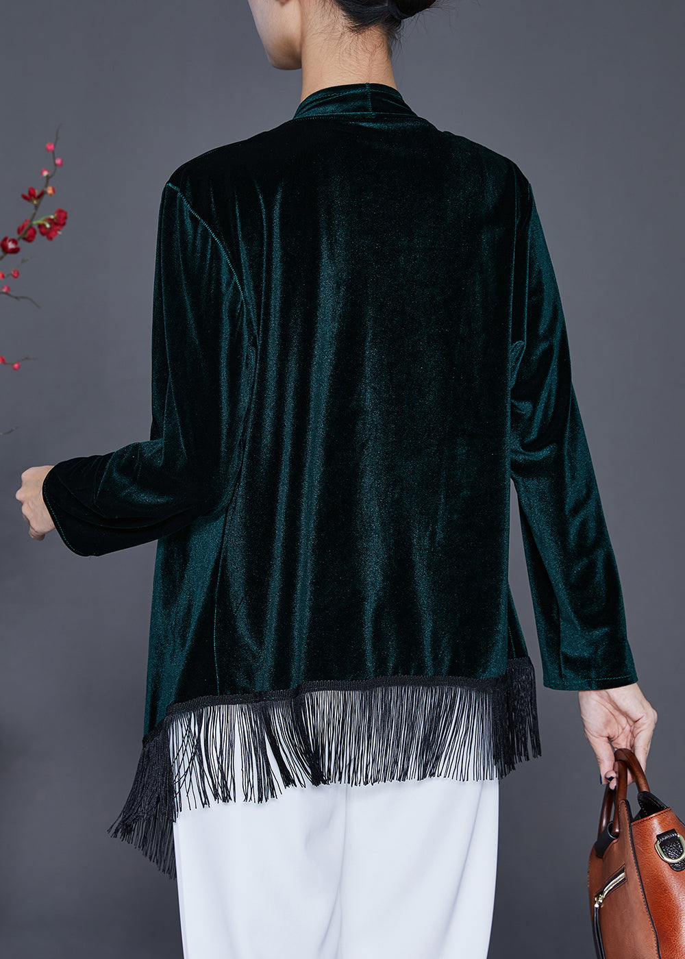 Blackish Green Tasseled Patchwork Silk Velour Cardigan Fall