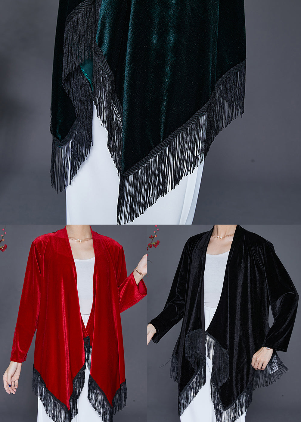 Blackish Green Tasseled Patchwork Silk Velour Cardigan Fall
