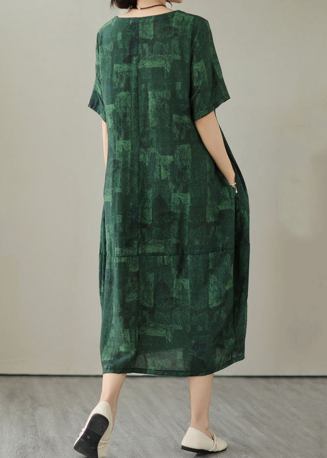 Blackish Green V Neck Print Patchwork Cotton Dress Summer