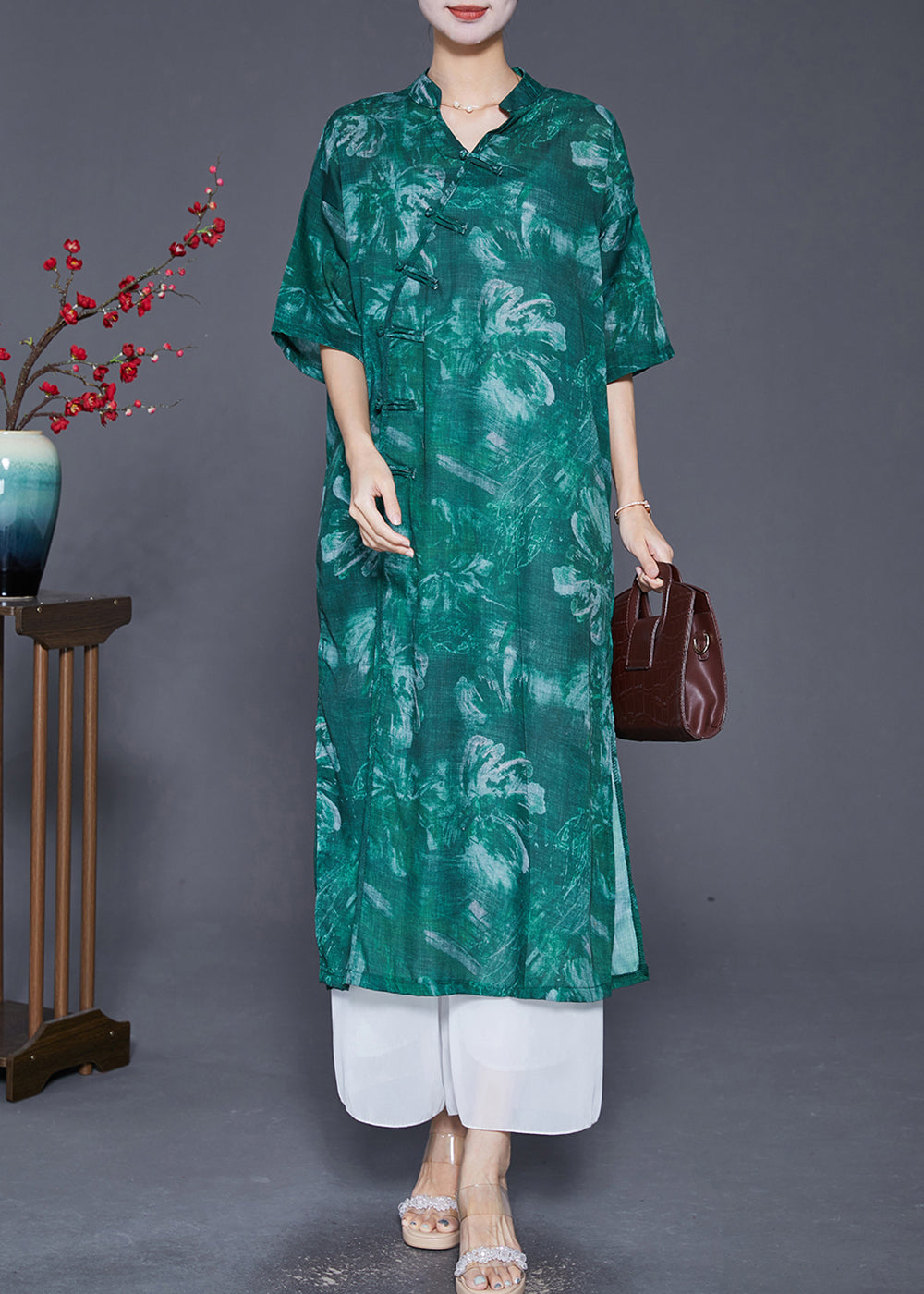 Blackish Green V Neck Tie Dye Linen Gown Dresses Half Sleeve