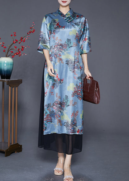 Blue Chinese Button Patchwork Silk Fake Two Piece Dresses Summer