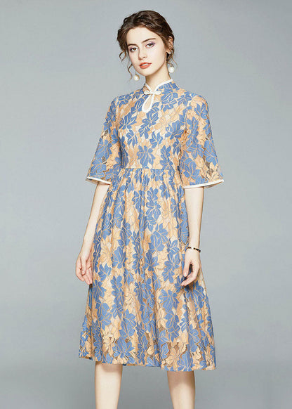 Blue Chinese Button Wrinkled Patchwork Lace Dress Summer