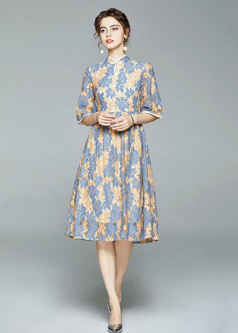 Blue Chinese Button Wrinkled Patchwork Lace Dress Summer