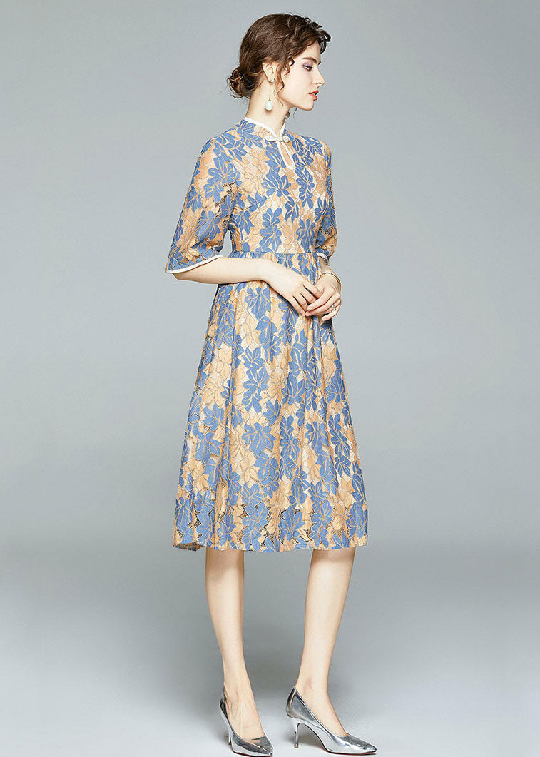 Blue Chinese Button Wrinkled Patchwork Lace Dress Summer