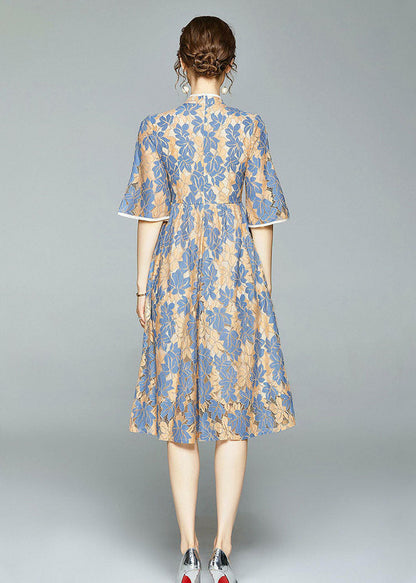 Blue Chinese Button Wrinkled Patchwork Lace Dress Summer