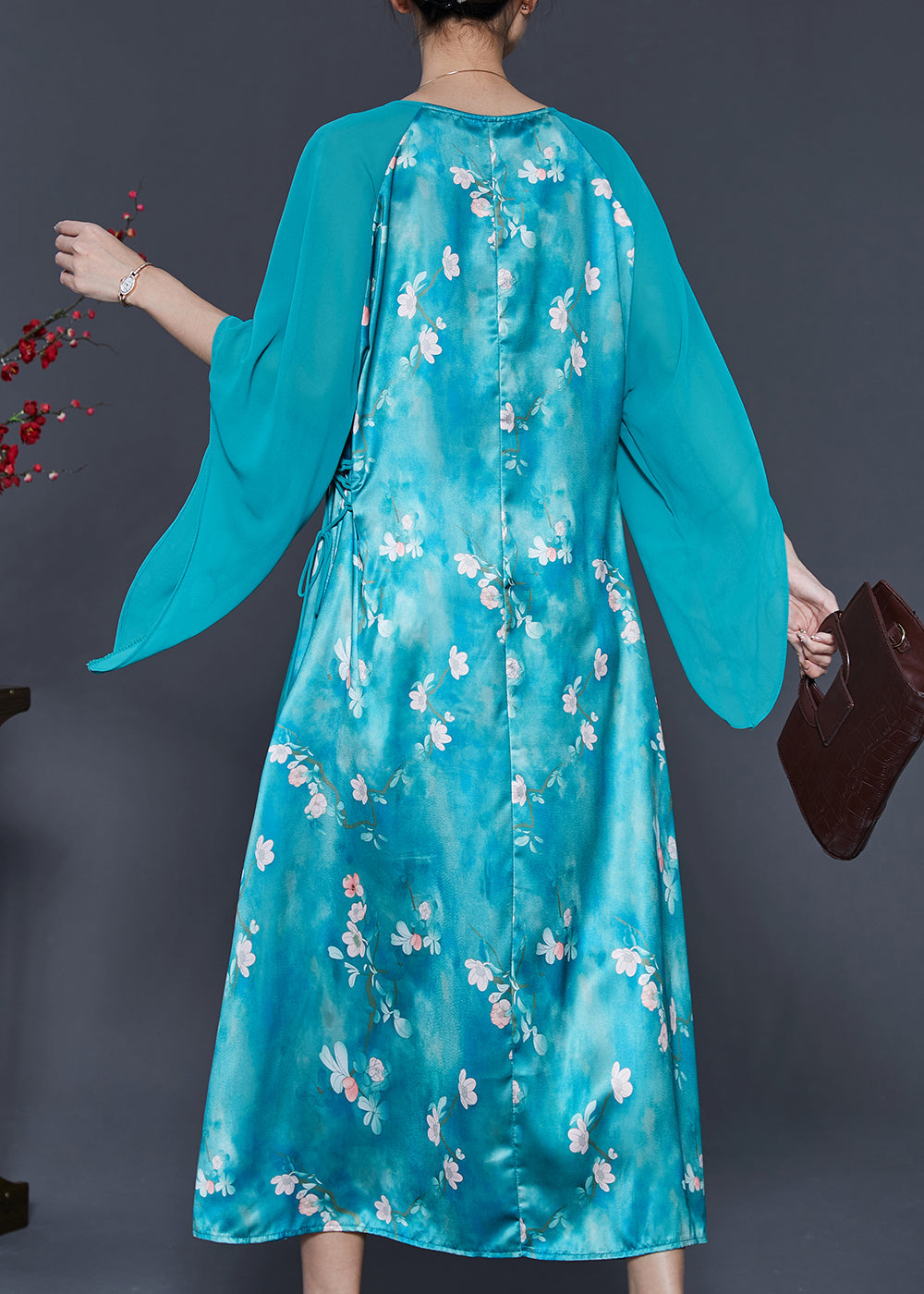 Blue Cinched Patchwork Silk Long Dresses Summer